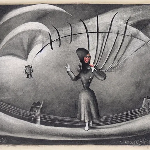 Image similar to 19th century flying machine Rollypolly by Remedios Varo