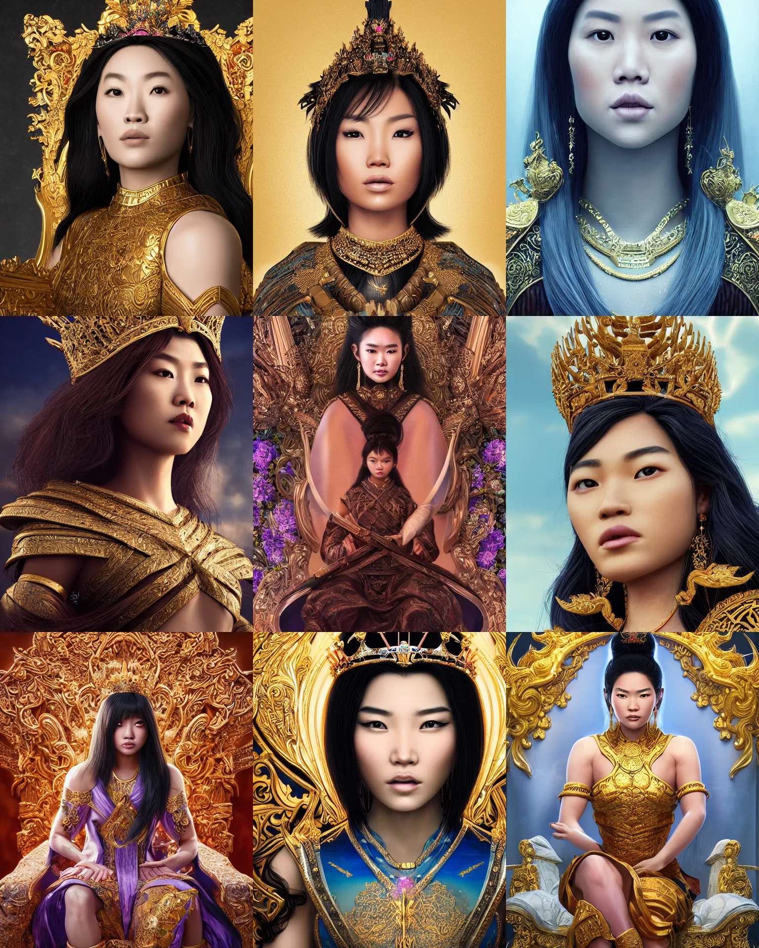 Prompt: closeup portrait of a strong fierce beautiful young asian queen with medium length hair, sitting on her throne, mother of mankind, ruler of the universe, future year 3 0 0 0, highly detailed, intricate, elegant, hyperrealism, digital art by ross tran and artgerm and greg rutkwowski and wlop, 8 k hd, octane render, unreal engine 5