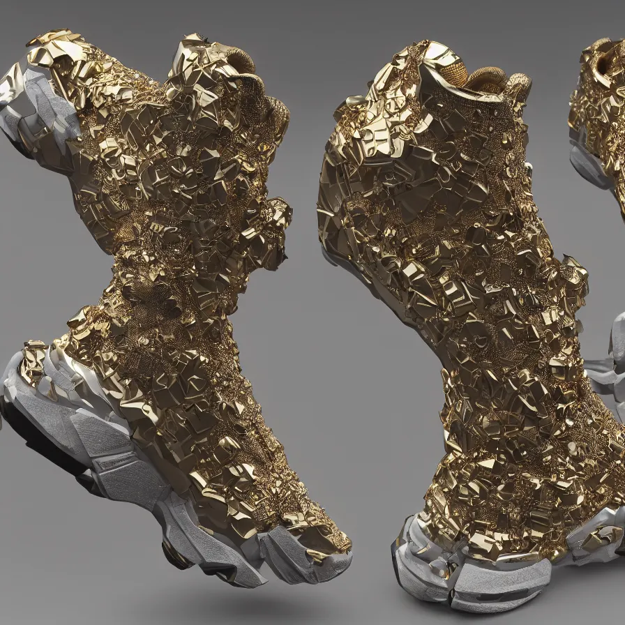 Image similar to futuristic balenciaga sneakers, nft art, highly detailed, hyper realistic, a ton of bussdown iced gold bling in wallace & gromit strata - cut claymation, ultra realistic, concept art, intricate details, serious, highly detailed, photorealistic, octane render, 8 k, unreal engine