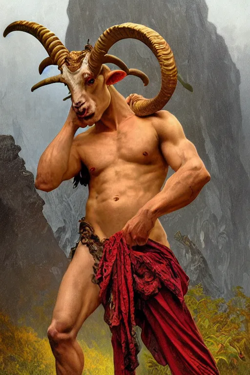 Prompt: portrait of a beautiful young fit male demon with ram horns, scaly torso, goat legs, hellish scene, by greg rutkowski and alphonse mucha, d & d character, gradient red to yellow, in front of an hellish landscape background, highly detailed portrait, digital painting, artstation, concept art, smooth, sharp focus ilustration, artstation hq