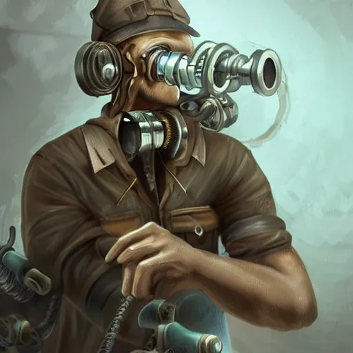 Image similar to dieselpunk wolf mechanic working on engine, fantasy, art station