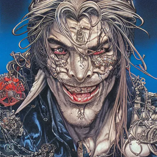 Image similar to portrait closeup of crazy captain hook, galleons, symmetrical, hyper detailed, by yoichi hatakenaka, masamune shirow, josan gonzales and dan mumford, ayami kojima, takato yamamoto, barclay shaw, karol bak, yukito kishiro