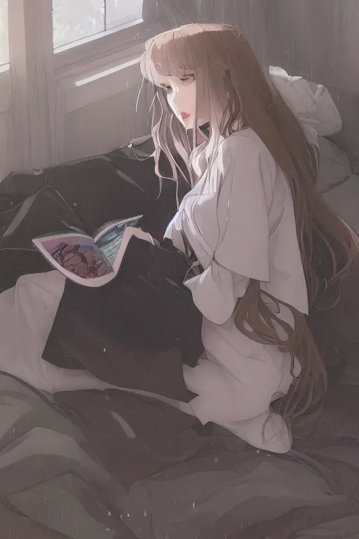 Prompt: a girl in a jk uniform outfit in the bedroom reading a book in a night, raining outside the window, dark and grey theme ， wavy white long hair, by krenz cushart and mucha and akihito yoshida and greg rutkowski and makoto shinkai, detailed eyes, 4 k resolution 、 trending on art station