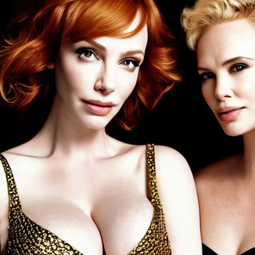 Prompt: portrait of christina hendricks and charlize theron and gal gadot hybrid by mario testino, 3 / 4 view, detailed, award winning, sony a 7 r