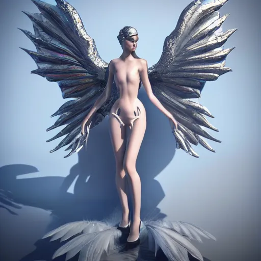 Image similar to fantasy angel with wings inspired avant - garde art, deco fashion, highly detailed, photorealistic portrait, bright studio setting, studio lighting, crisp quality and light reflections, unreal engine 5 quality render