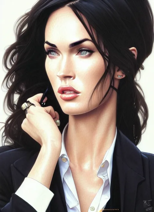 Image similar to portrait of megan fox as business woman, black suit, white shirt, necktie, city, intricate, headshot, highly detailed, digital painting, artstation, concept art, sharp focus, cinematic lighting, illustration, art by artgerm and greg rutkowski, alphonse mucha, cgsociety