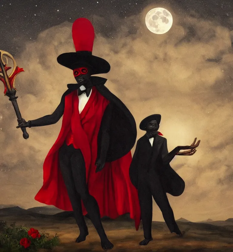 Image similar to a mysterious black man in a cemetery on a full moon night wearing a top hat that hides his face and a beautiful black and red cape while holding a poseidon trident, a realistic painting, moonlight, detailed.