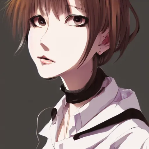 Image similar to portrait of a girl with short brown hair, wearing a white blouse and black choker, smoking a cigarette, drawn by WLOP, by Avetetsuya Studios, attractive character, colored sketch anime manga panel, unsaturated, dull colors, trending on Artstation