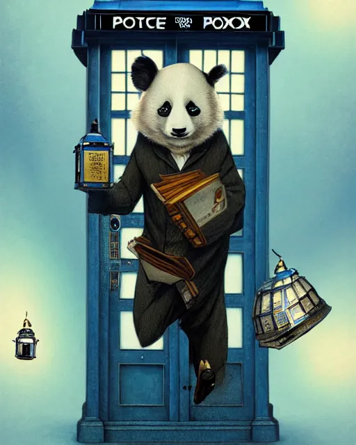 Image similar to anthropomorphic art of a detective panda inside tardis, victorian inspired clothing by artgerm, victo ngai, ryohei hase, artstation. fractal papersand books. highly detailed digital painting, smooth, global illumination, fantasy art by greg rutkowsky, karl spitzweg, doctor who