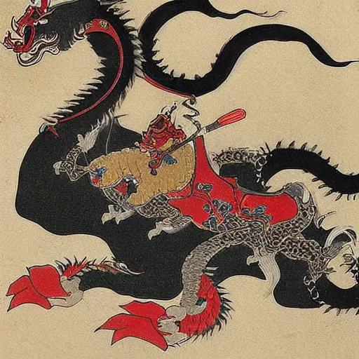 Image similar to samurai cat, riding a dragon, edo style art