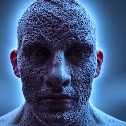 Image similar to a man who's face is covered in ridges of fractal human hands, octane render, subsurface scattering, intense lighting