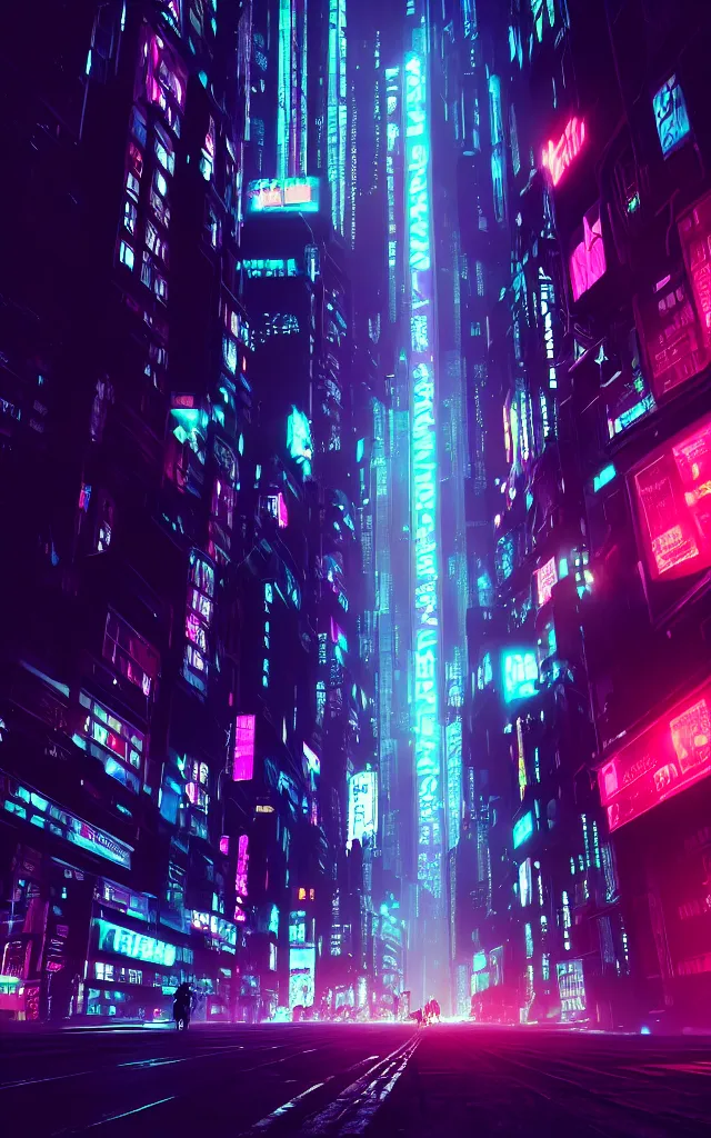 Prompt: concept art of a magnificent dark neon futuristic cyberpunk city bustling street at night cyberart in the style of liam wong in the film akira rendered in octane, 3 d render, trending on cgsociety, blender 3 d, displacement mapped, sharp focus