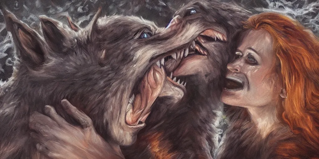 Prompt: oil painting of a werewolf kissing another werewolf, detailed, 4k, fantasy