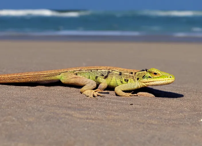 Prompt: a lizard out in the beach while looking into a sliced melon in front of it