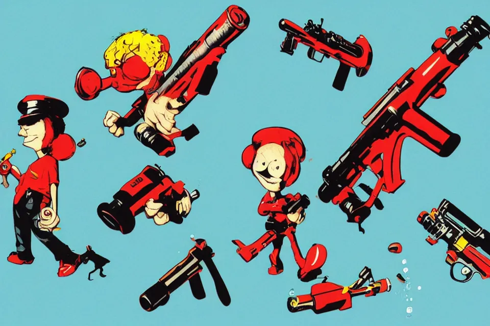 Image similar to 3 concept illustrations supersoaker water guns, by jamie hewlett