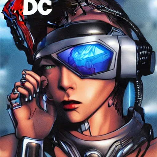 Image similar to A comic book cover of a female cyberpunk mercenary wearing cybernetic sci fi head gear and earpiece in the style of DC Comics, highly detailed, oil on canvas