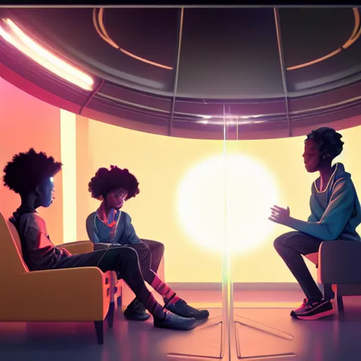 Prompt: black boys and black girls watching a hologram and glowing orbs in a futuristic classroom by greg rutkowski and mikato shinkai, digital illustration, Trending on artstation. 8k