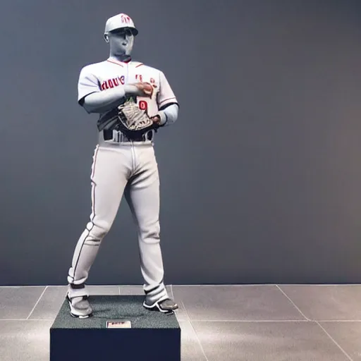 Image similar to “a realistic detailed photo of a guy who is an attractive humanoid who is half robot and half humanoid, who is a male android, baseball player Mike Trout, shiny skin, posing like a statue, blank stare, on the baseball field, on display”