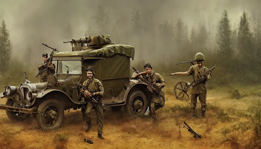 Image similar to British soldiers with a Lewis gun armed truck in 1921 in kerala forest road, tribe members attacking, action scene, an epic fantasy, dramatic lighting, cinematic, establishing shot, extremely high detail, photorealistic, cinematic lighting, artstation, matte painting by simon stalenhag, horizon forbidden west