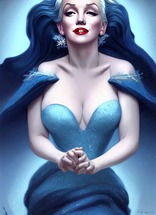 Image similar to Marilyn Monroe with Dark Blue Hair as Elsa from Frozen, western, D&D, fantasy, intricate, elegant, highly detailed, digital painting, artstation, concept art, matte, sharp focus, illustration, art by Artgerm and Greg Rutkowski and Alphonse Mucha, masterpiece, stunning, artstation