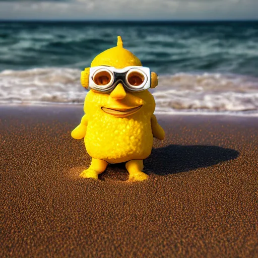 Image similar to 5 0 mm photograph, of a real anthropomorphic lemon character, with lemon skin texture, it is wearing a hat and scuba diving suit, building a sandcastle on the beach at sunset, beach, huge waves, sun, clouds, tropical trees, rim light, cinematic photography, professional, sand, sandcastle, volumetric lightening