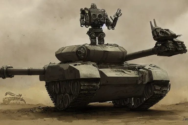 Image similar to robot Viking on a tank by Neil blomkamp