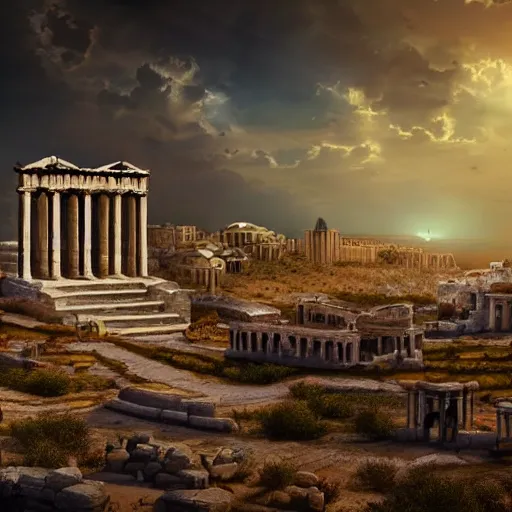 Image similar to Cinematic view of ancient fantasy city with greek architecture in a searing desert; fantasy art