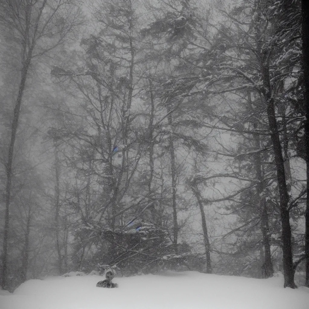 Prompt: photo, bigfoot is hiding in the background. cold color temperature, snow storm. hazy atmosphere. humidity haze. kodak ektachrome, greenish expired film, award winning, low contrast