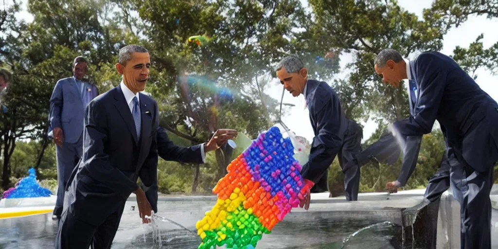 Image similar to President Obama pouring rainbows into the drinking water supply