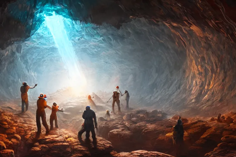 Image similar to a group of miners discover a glowing alien egg with intricate markings inside a deep diamond cave, concept art, digital painting, trending on artstation, deviantart, highly detailed, perfect composition, dramatic lighting, sharp focus, 8 k uhd