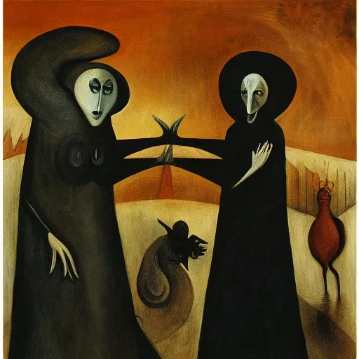 Image similar to the devil meets the nun, leonora carrington