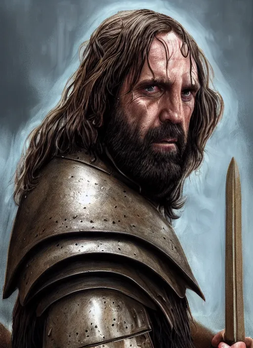 Prompt: sandor clegane by anne stokes and larry elmore, detailed matte painting, realistic portrait, symmetrical, highly detailed, digital painting, artstation, concept art, smooth, sharp focus, illustration, cinematic lighting, 8 k resolution