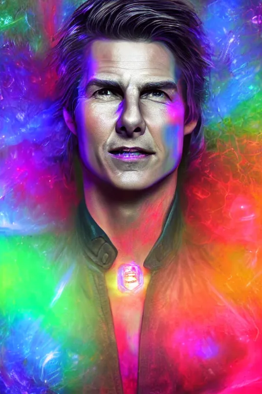 Image similar to a hyperdimensional jester, tom cruise, neon rainbow quartz, gemstone, 4k detailed hyperrealistic digital photo by Andy Thomas, Mario Martinez, Daniel Mirante, Gustave Dore, Artstation, CGsociety