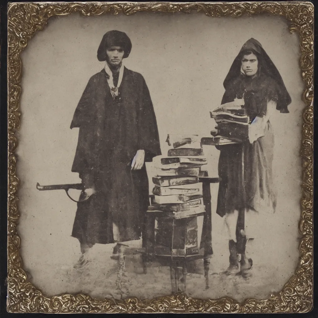 Image similar to tintype of a pagan cultist with occult books