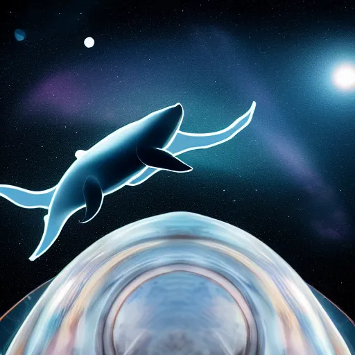 Image similar to portrait of space whale swimming on a dark night sky in space, flying across the universe, oniric, dreamy, beautiful, highly detailed, realistic, cinematic, dynamic composition