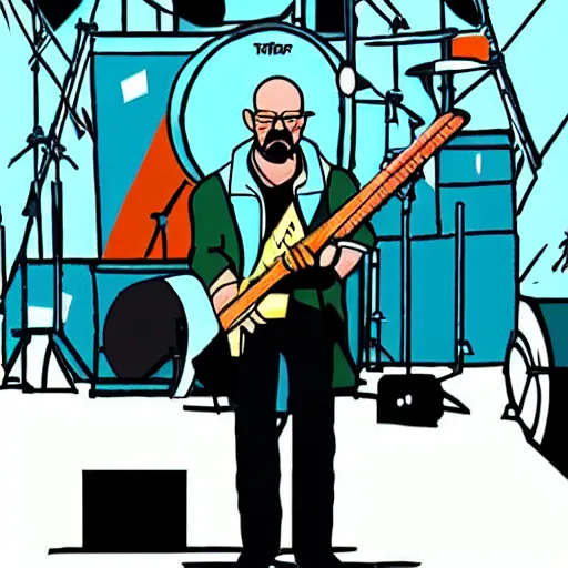 Prompt: Walter white performing a heavy metal concert, he plays drums, at night, large crowd, 8k