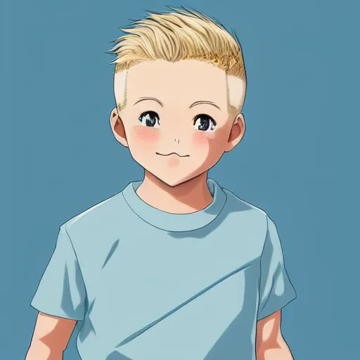 Image similar to A medium shot anime portrait of a young smiling anime boy child with extremely short curly wavy light blonde hair and blue eyes, buzzed sides, blue-eyed, chubby face, very young, 4yr old, medium shot portrait, wavy and short top hair, his whole head fits in the frame, solid color background, flat anime style shading, head shot, 2d digital drawing by Stanley Artgerm Lau, WLOP, Rossdraws, James Jean, Andrei Riabovitchev, Marc Simonetti, and Sakimi chan, trending on artstation