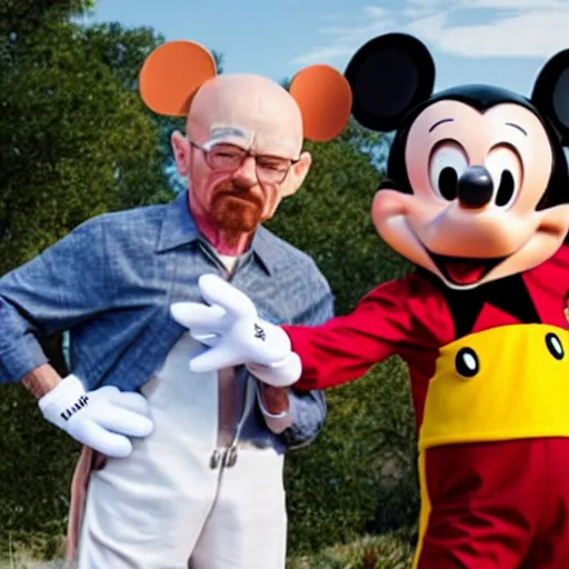 Image similar to photo of walter white with a man in a mickey mouse costume