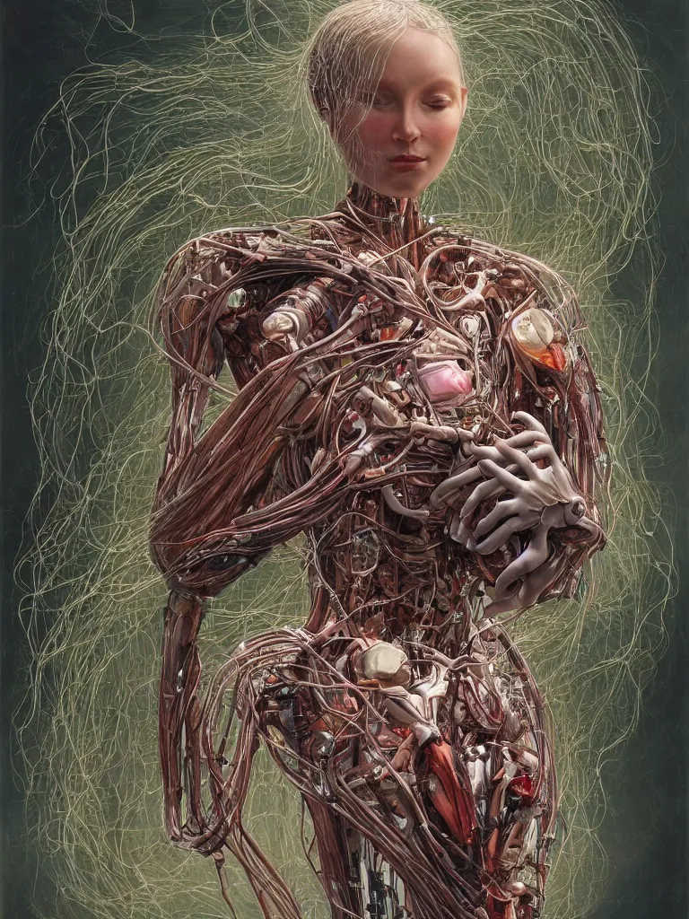 Image similar to portrait of a beautiful female android robot holding a realistic anatomical heart in her hands and crying, there are wires coming from her heart, tangled and entwined with her long flowing hair, mecha, biopunk, painting by James C. Christensen, by Dan Witz, by tomasz alen kopera