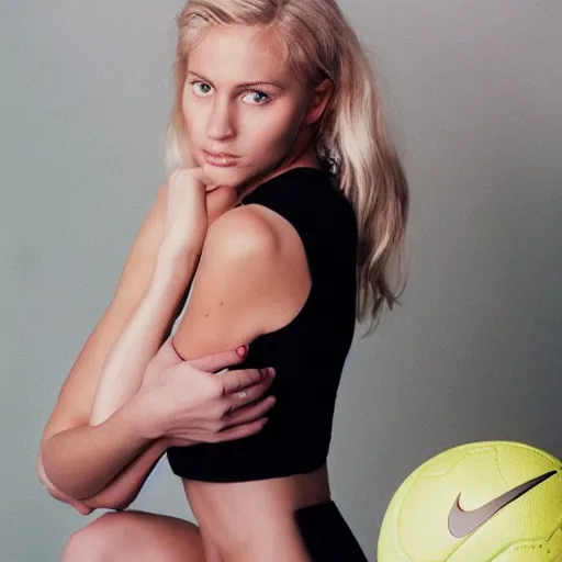 Image similar to realistic photoshooting for a new nike lookbook, color film photography, portrait of a beautiful blonde woman, in style of Davey Adesida, 35mm, film photo