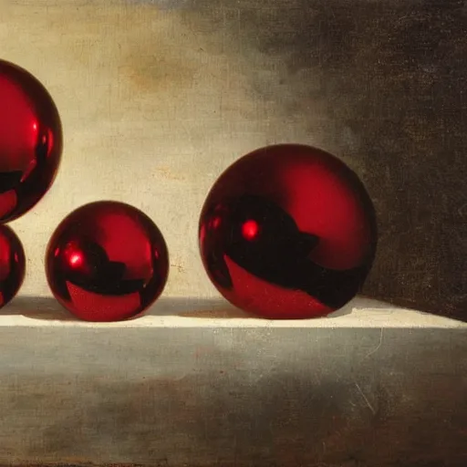 Prompt: chrome spheres on a red cube by johannes cornelisz verspronck