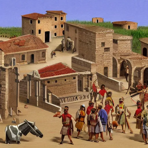 Image similar to roman village during invasion with trojan horse