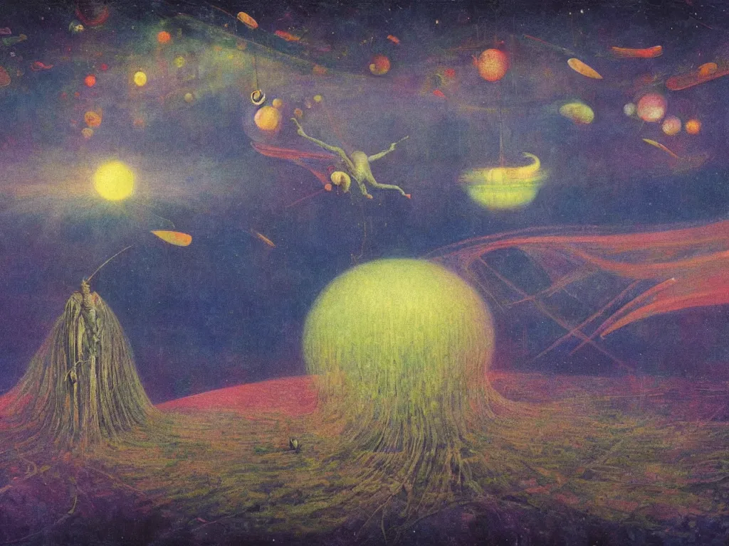 Image similar to study of the psychedelics dream mothership throwing a firefly net over the metropolis of slumber. painting by mikalojus konstantinas ciurlionis, bosch, wayne barlowe, agnes pelton, rene magritte