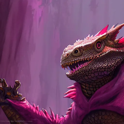 Prompt: concept art painting of an anthropomorphic bearded dragon anthro wearing magenta wizard robes, in the deep forest, realistic, detailed, cel shaded, in the style of makoto shinkai and greg rutkowski and james gurney