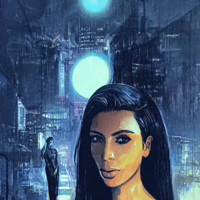 Prompt: kim kardashian, portrait, concept art, digital painting, noir, backlit, bokeh, neon lights, atmospheric, by bruce pennington, by corbusier