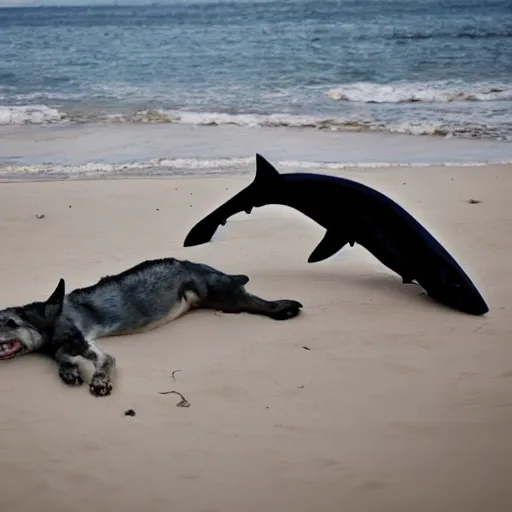 Image similar to professional photo of a shark body and canine wolf head half wolf half shark strange chimera discovered on the beach