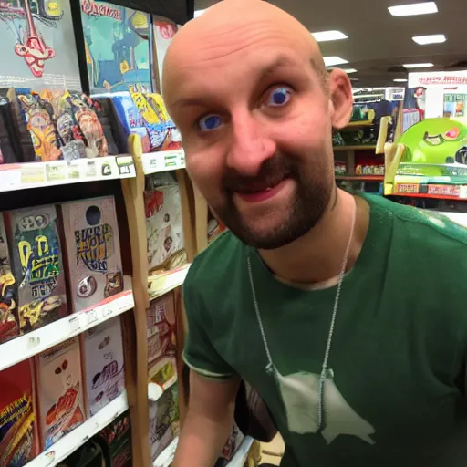 Image similar to Baldi from Baldi's Basics shopping for video games in London.