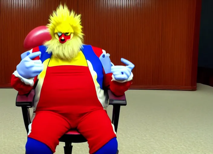 Image similar to Photo of Boris Johnson as Dr. Eggman from Sonic series, as Dr Ivo Eggman Robotnik form the Sonic The Hedgehog Games, sonic comics, wearing a red and yellow jumpsuit with black pants, sitting at the parlament meeting, giving an interview, highly detailed, 4k, HQ