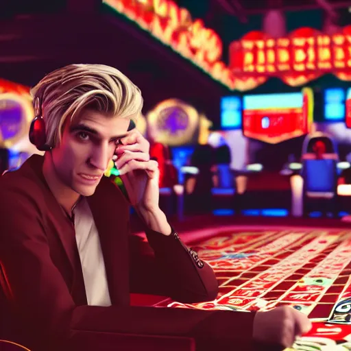 Image similar to film still of xqc gambling in Vegas, 4k, photorealism, artstation style