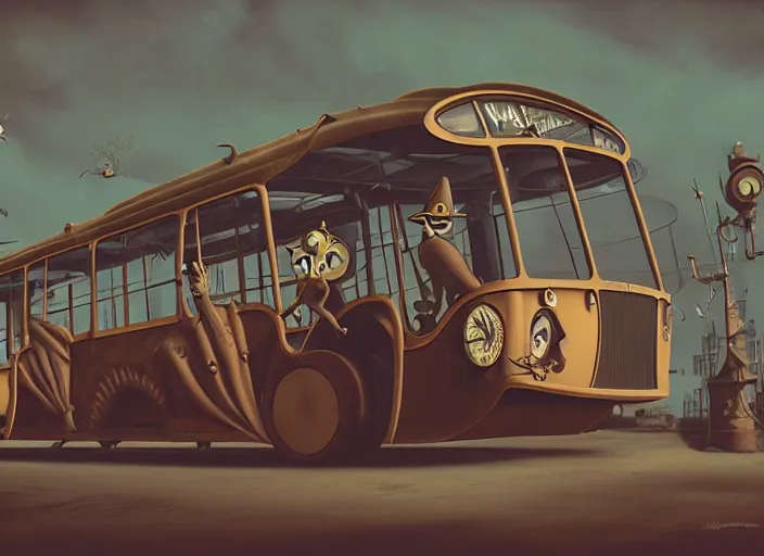 Image similar to matte sharp painting, a steampunk bus, juxtapoz, artforum, gary baseman, preston blair, tex avery, dan mumford, pedro correa